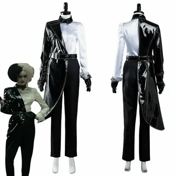 Hot predaj Cosplay Cruella oblečenie čierne biele tričko, kabát, nohavice nastaviť